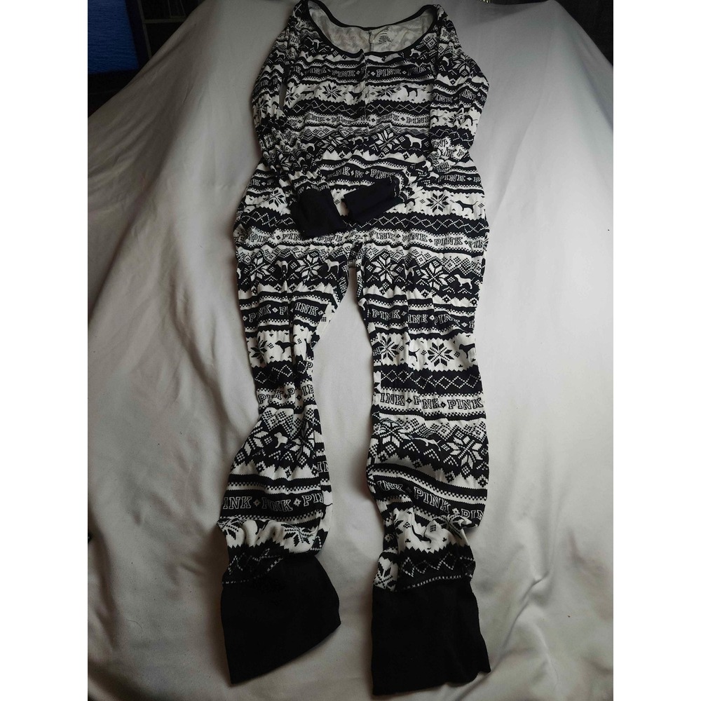 Victorias Secret PINK Fair Isle Thermal Sleep Romper Black White Womens Large